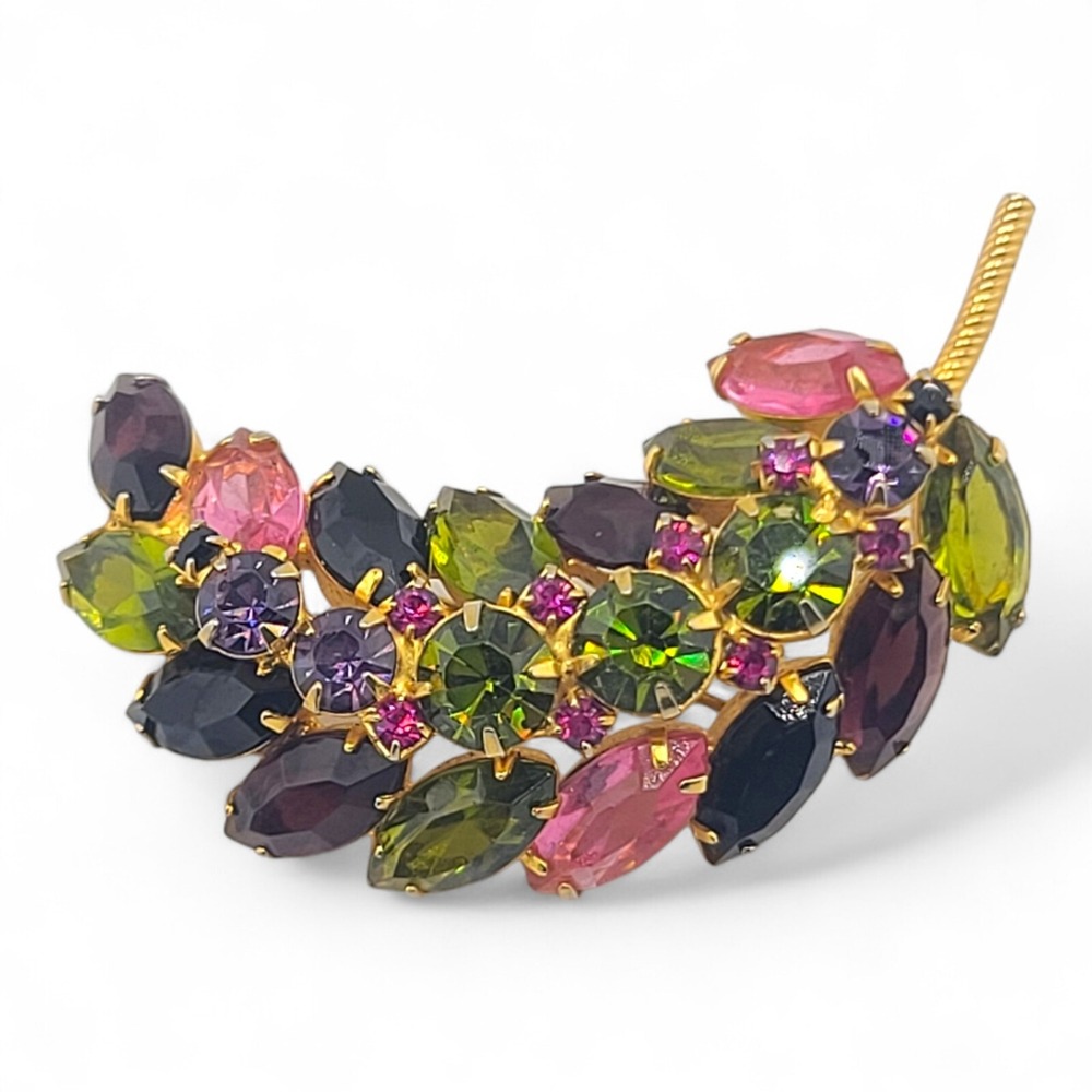 Vintage Juliana D&E Multicolor Rhinestone Floral Feather Leaf Brooch Pin 4079